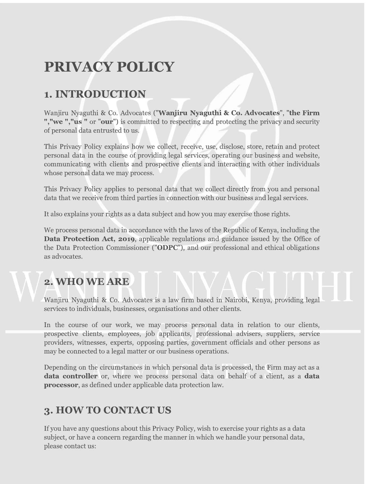 Wanjiru Nyaguthi & Company Advocates Privacy Policy - Page 1